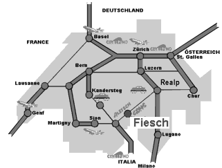 Skizze der Schweiz mit Verkehrswegen